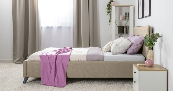 Кровать Миа 180 рогожка бежево-коричневый, кант желтовато-коричневый с ортопедическим основанием и подъемным механизмом