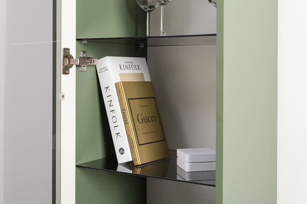 Гостиная Марион композиция 1 дымчатый зеленый K521, олива шагрень AG 1050 ПВХ, белый PE шагрень (собирается на любую сторону)