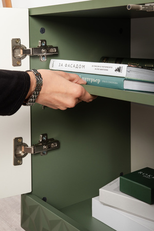 Гостиная Марион композиция 1 дымчатый зеленый K521, олива шагрень AG 1050 ПВХ, белый PE шагрень (собирается на любую сторону)