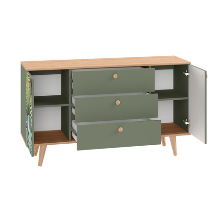 Комод Маттиас 16.245 дымчатый зеленый K521, гикори рокфорд натуральный KO86 PW, белый PE шагрень, фотопечать