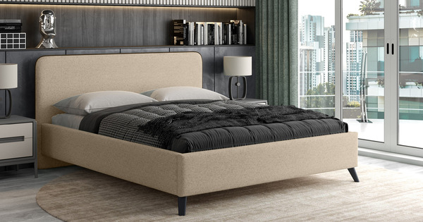 Кровать Миа 160 рогожка бежево-коричневый, кант желтовато-коричневый с ортопедическим основанием и подъемным механизмом