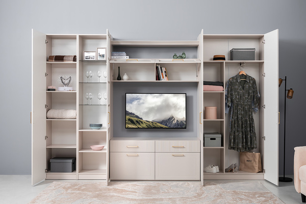 Гостиная Ричфорд композиция 1 с карнизами, кашемир 5981 BS, моно керамика D166-2 ПВХ, белый PE шагрень (собирается на любую сторону)