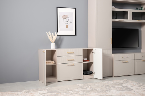 Гостиная Ричфорд композиция 2 с карнизами, кашемир 5981 BS, моно керамика D166-2 ПВХ, белый PE шагрень (собирается на любую сторону)